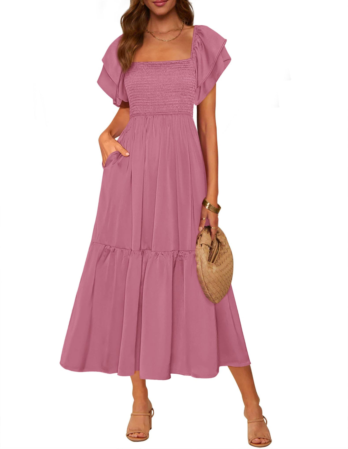 MASCOMODA Womens Summer Casual Smocked Flowy Midi Dress