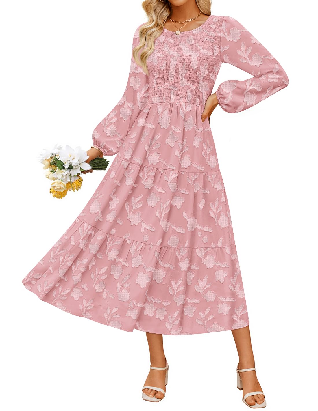 ZESICA Womens Fall Wedding Guest Long Sleeve Boho Midi Dress