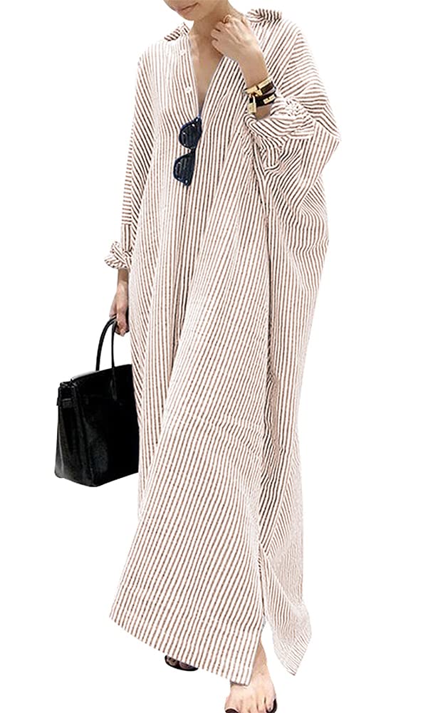 chouyatou Women's Casual Long Sleeve Button Down Loose Striped Cotton Maxi Shirt Dress