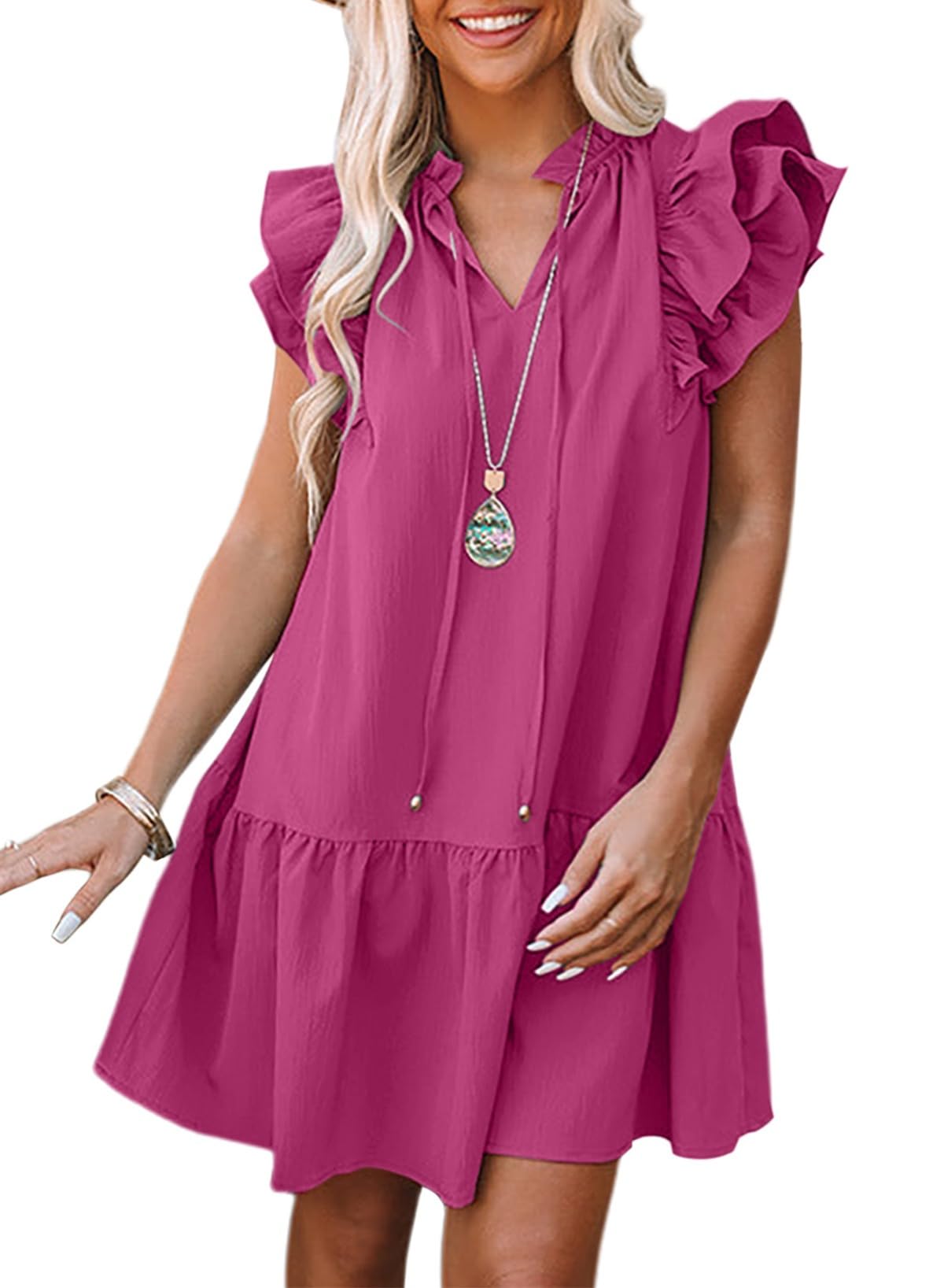 Dokotoo Womens Summer Dresses 2026 V-Neck Drawstring Ruffle Cap Short Sleeve Side Pockets Mini Dress Sundress