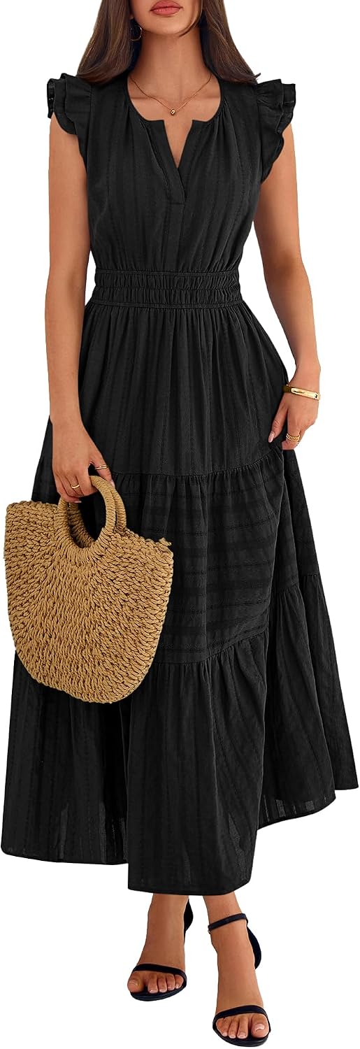 BTFBM Womens Summer Casual Ruffle Sleeve Maxi Dress