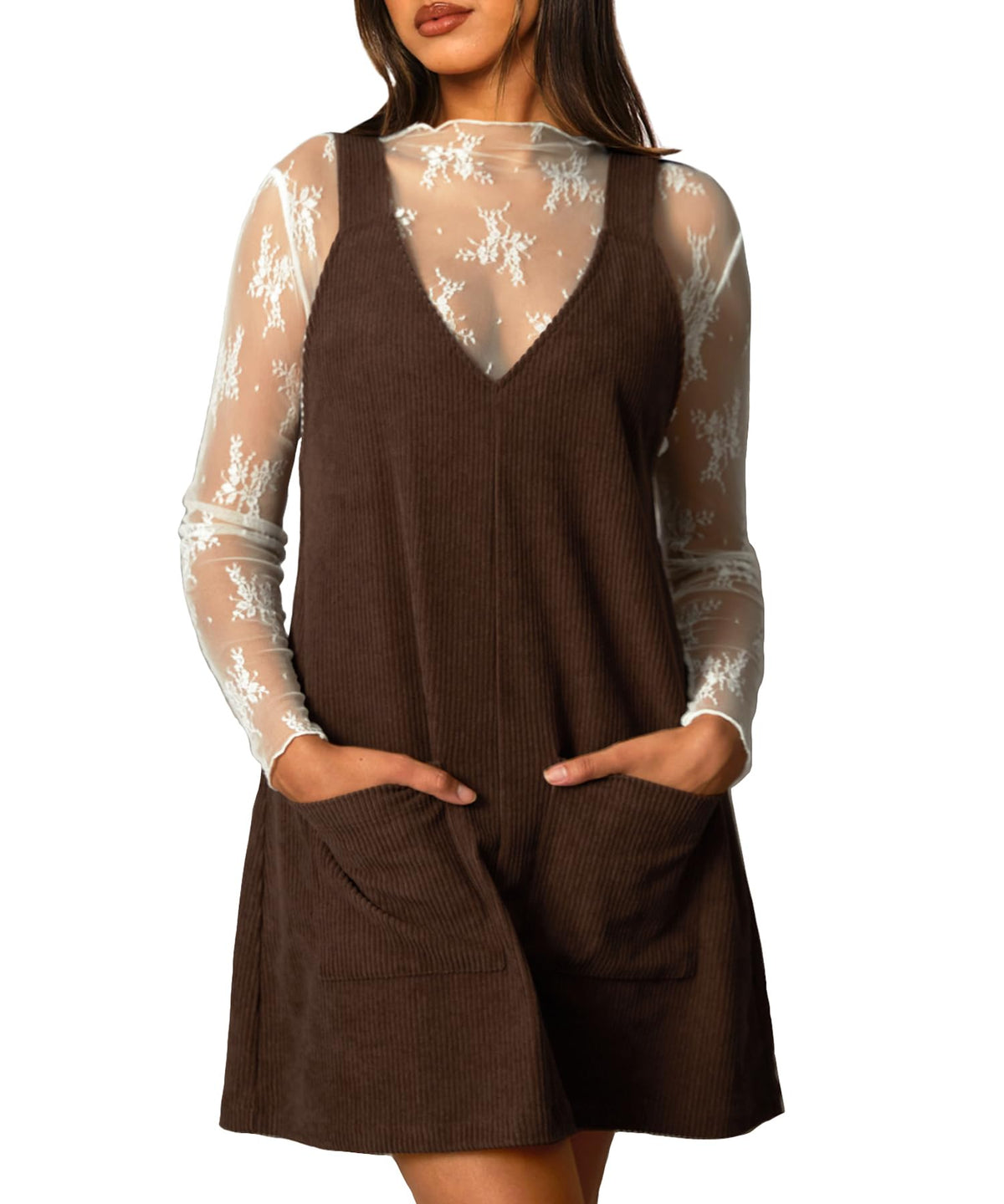 Navneet Women Corduroy Overall Dress V Neck Pinafore Jumper Mini Dress