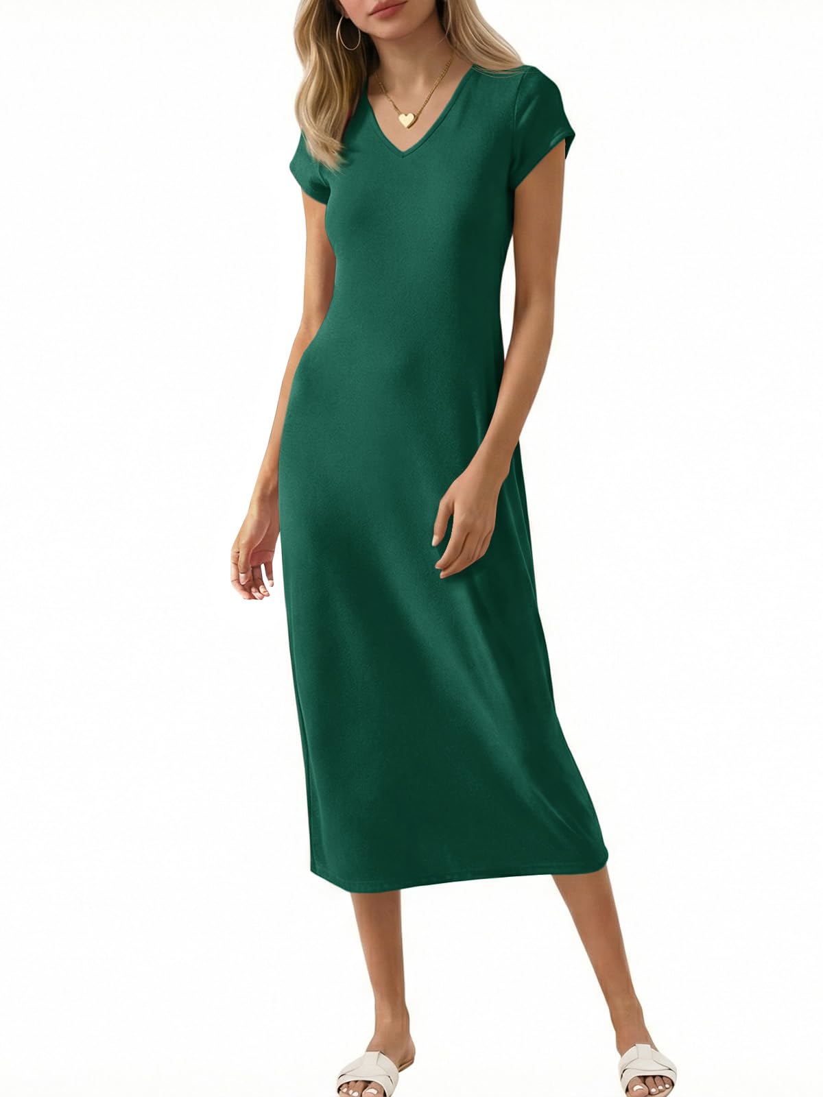 Wenrine Womens Short Sleeve T-Shirt Dress V Neck Summer Casual Midi Dresses