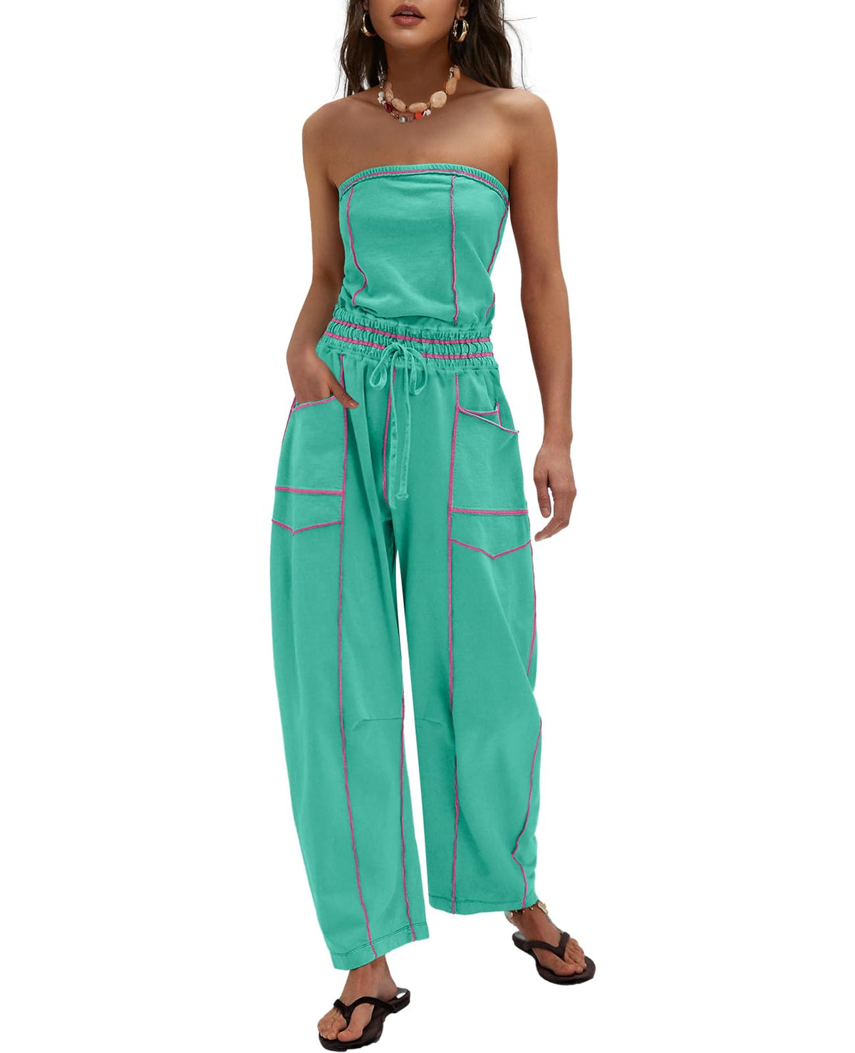 LAMISSCHE Womens Casual Strapless Jumpsuits off the Shoulder Summer Rompers Sleeveless One Piece Outfits with Pockets