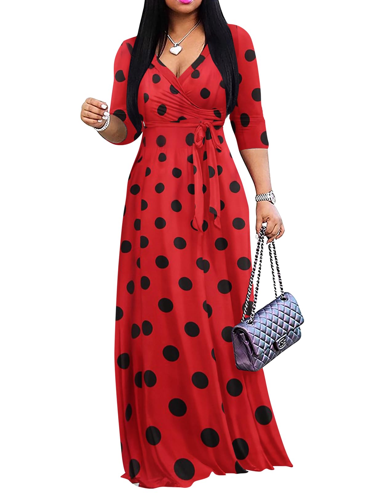 Yajedo Womens Casual Summer Maxi Dress Plus Size Sexy Wrap V Neck 3/4 Sleeve Sundress with Pockets
