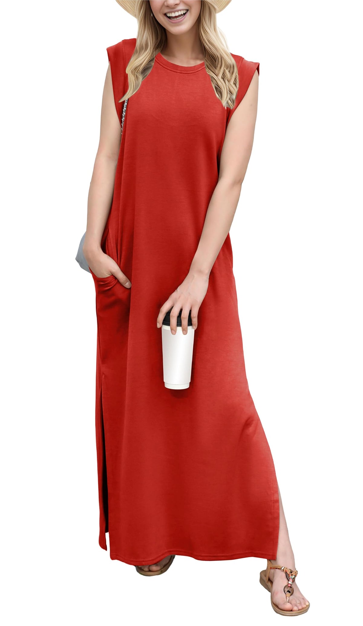 GRECERELLE 2026 Women Year-Round Casual Round Neck Loose Split Wrinkle-Free Long Maxi Vacation Dress with Pockets (XXS-4XL)