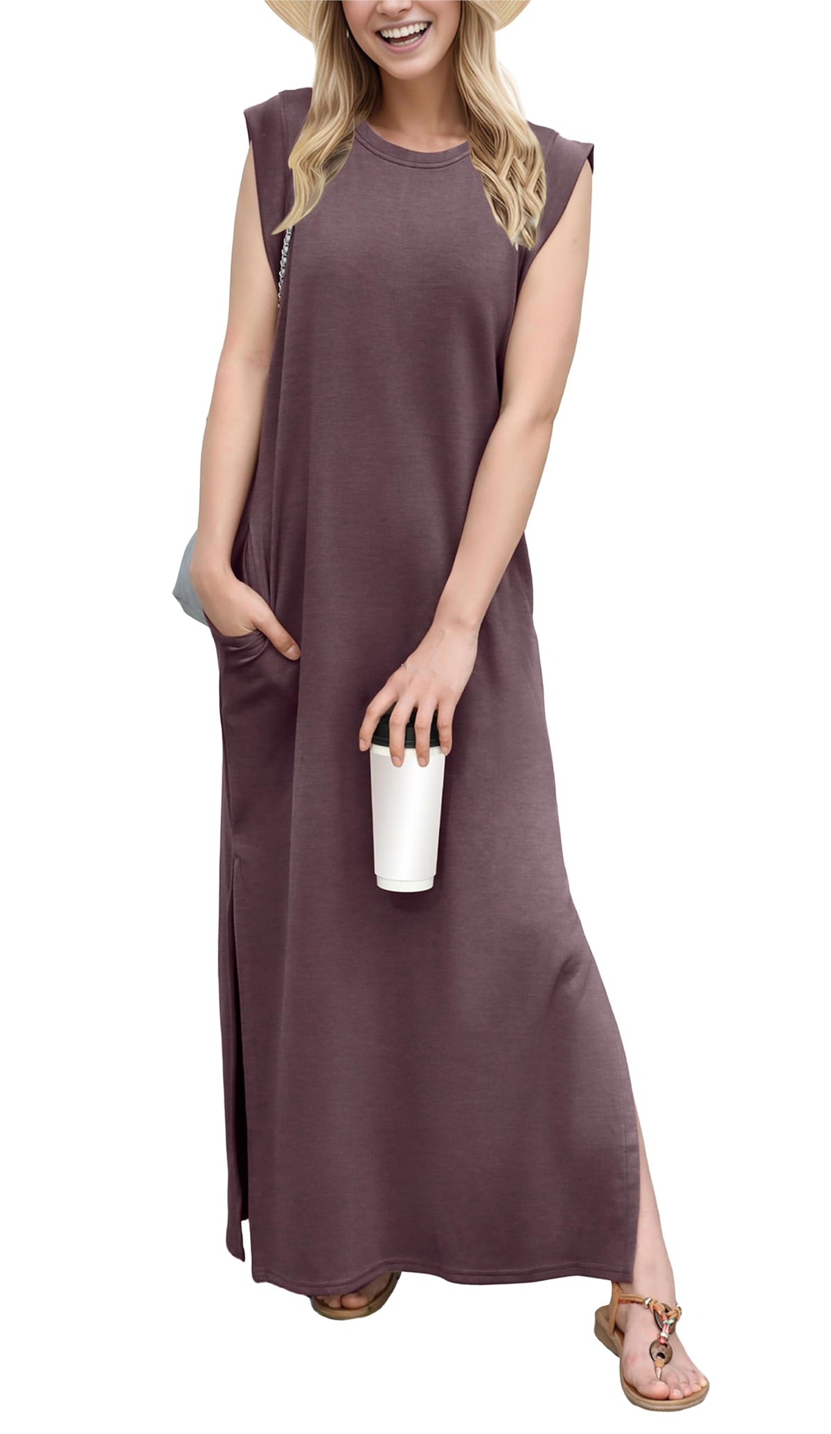 GRECERELLE 2026 Women Year-Round Casual Round Neck Loose Split Wrinkle-Free Long Maxi Vacation Dress with Pockets (XXS-4XL)