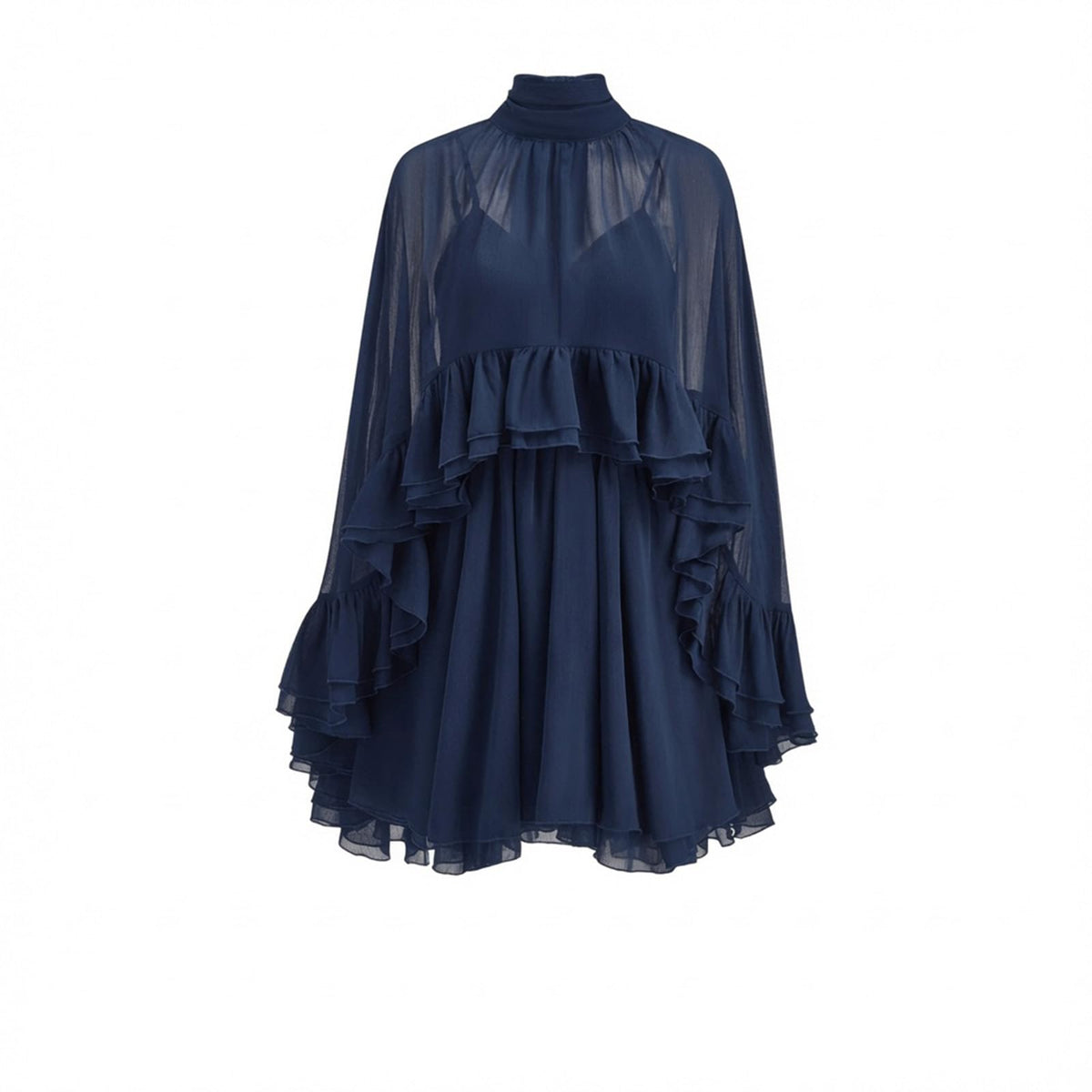 Women’s Semi Sheer Chiffon Ruffle Dress with Outer Cape, Poncho Sleeve Flowy Mini Dress, Loose Fit Elegant Summer Dress
