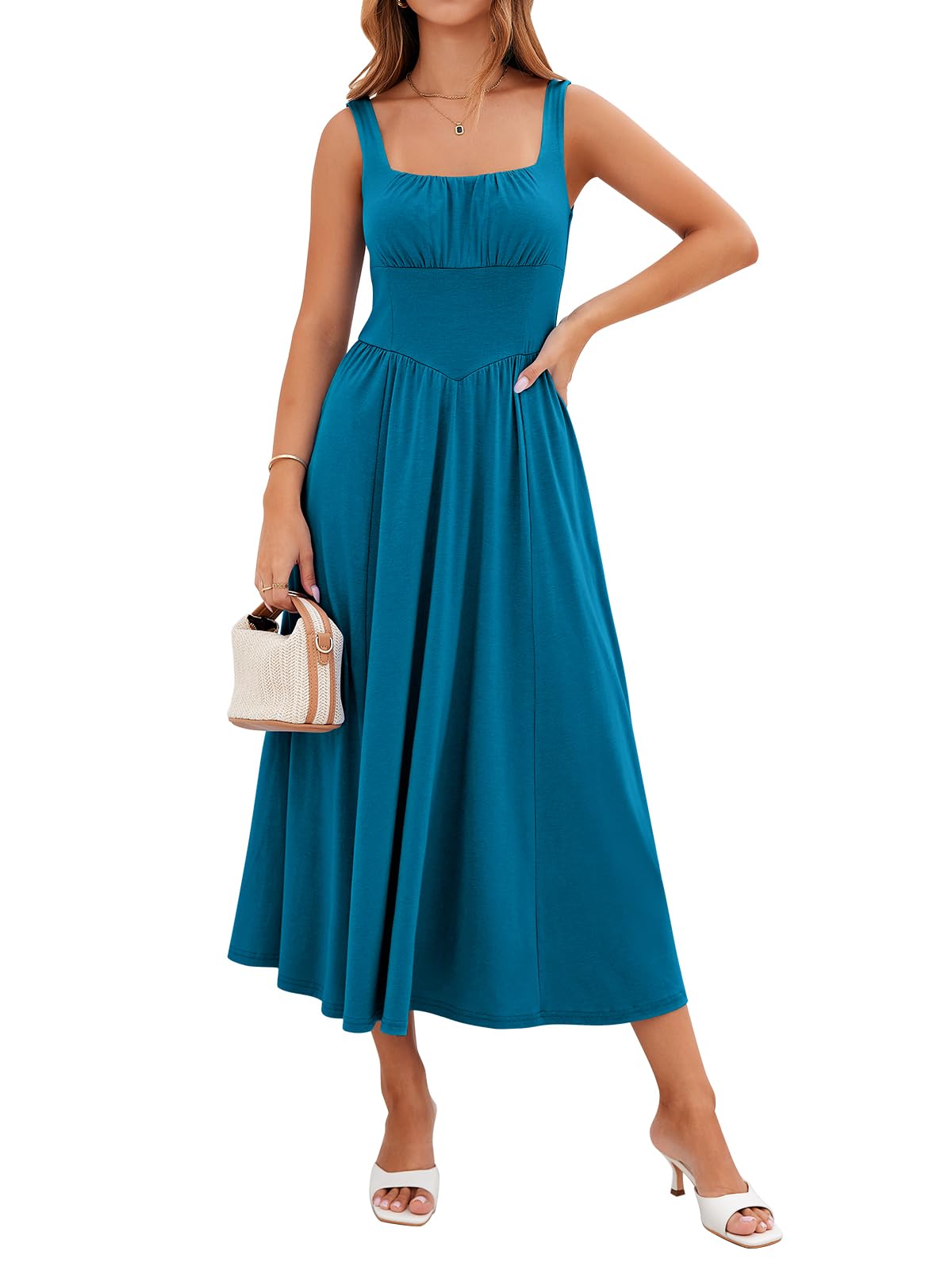 YIOYOLA Womens Casual Summer Dress with Pockets | Sleeveless Square Neck Flowy A-Line Midi Sundress for Beach & Wedding Guest