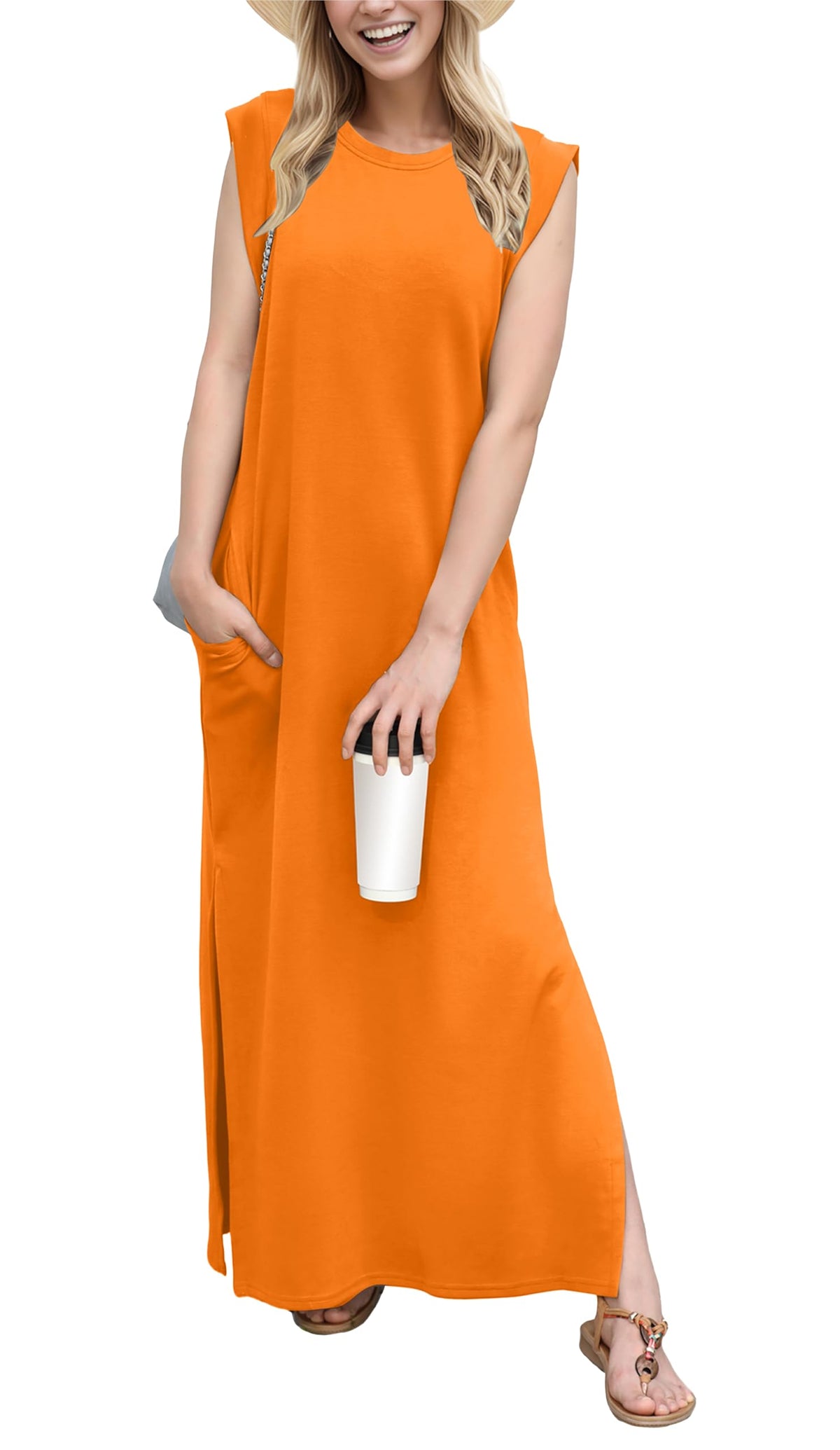 GRECERELLE 2026 Women Year-Round Casual Round Neck Loose Split Wrinkle-Free Long Maxi Vacation Dress with Pockets (XXS-4XL)
