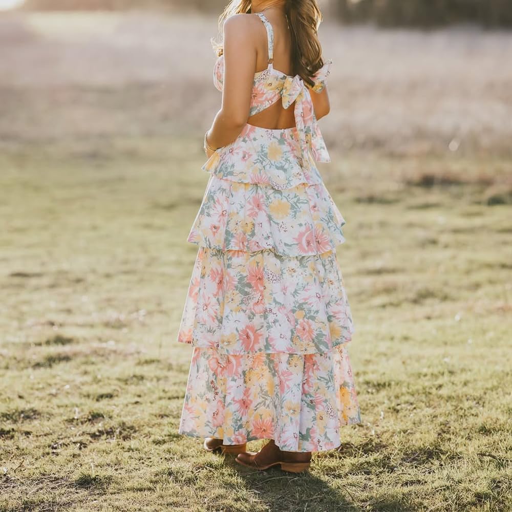 ABYOVRT Women Floral Maxi Dress Sleeveless Bow Back Tiered Boho Flowy Long Dresses Summer Fall