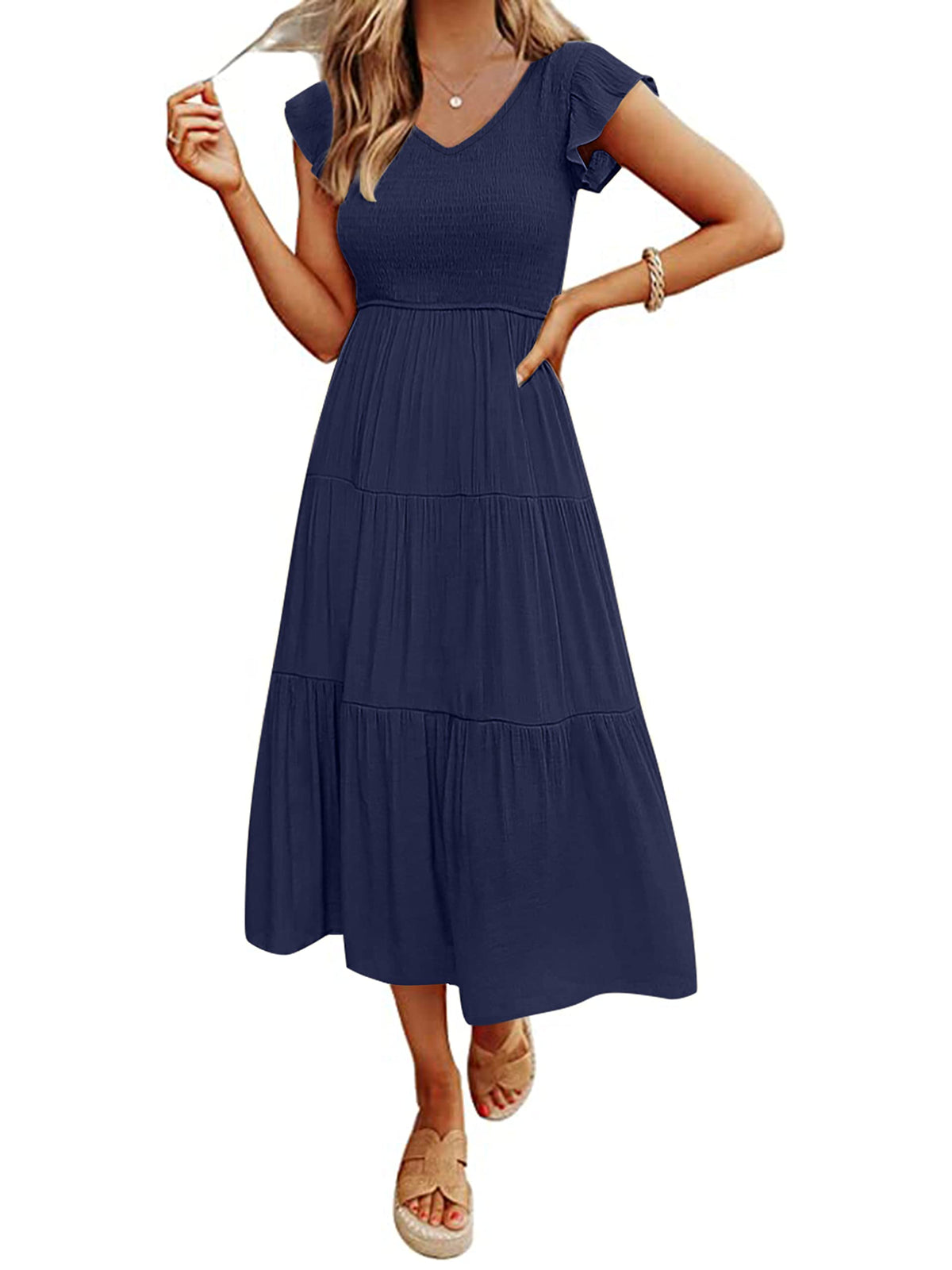 MEROKEETY Women's Summer 2026 Flutter Sleeve Smocked Casual Midi Dress