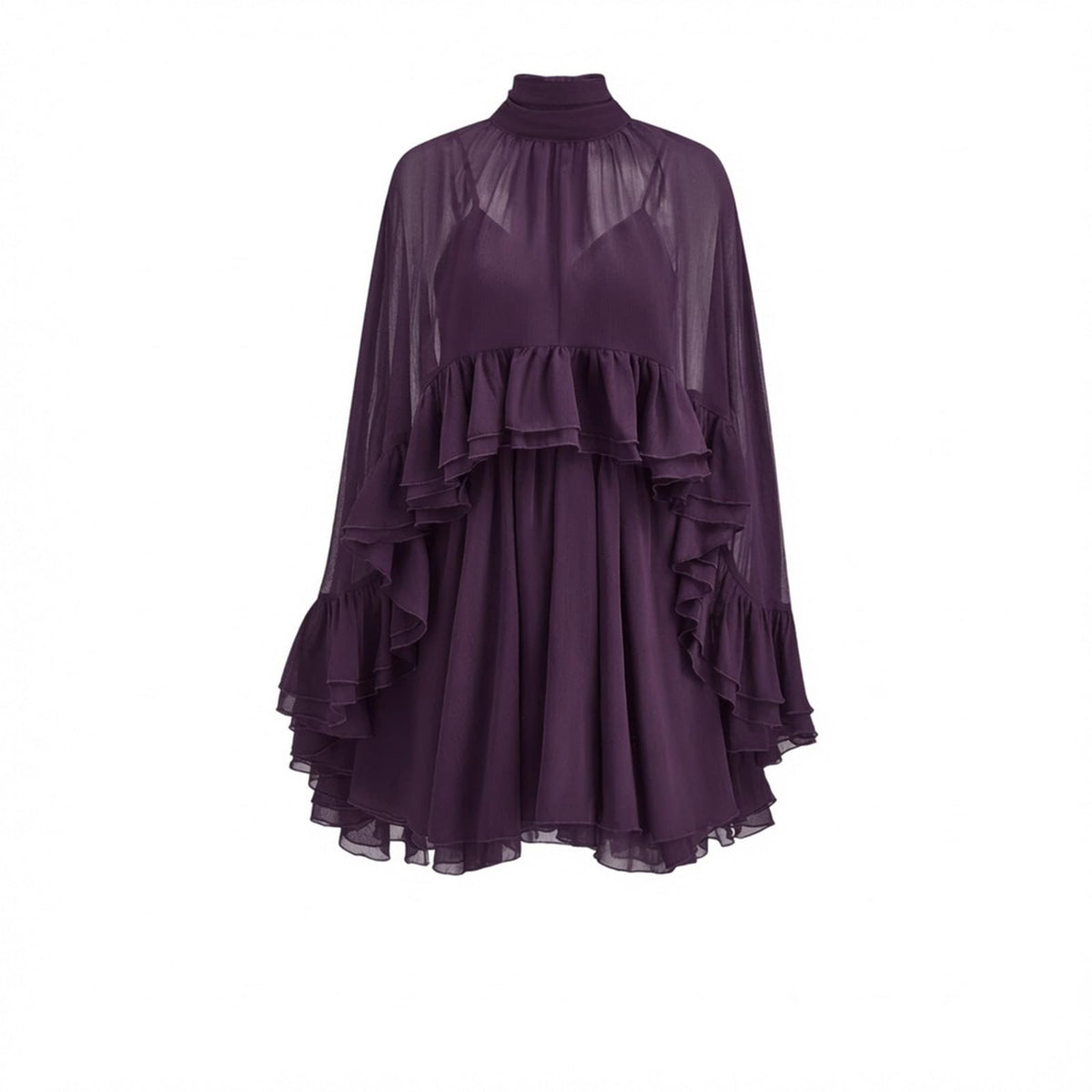 Women’s Semi Sheer Chiffon Ruffle Dress with Outer Cape, Poncho Sleeve Flowy Mini Dress, Loose Fit Elegant Summer Dress