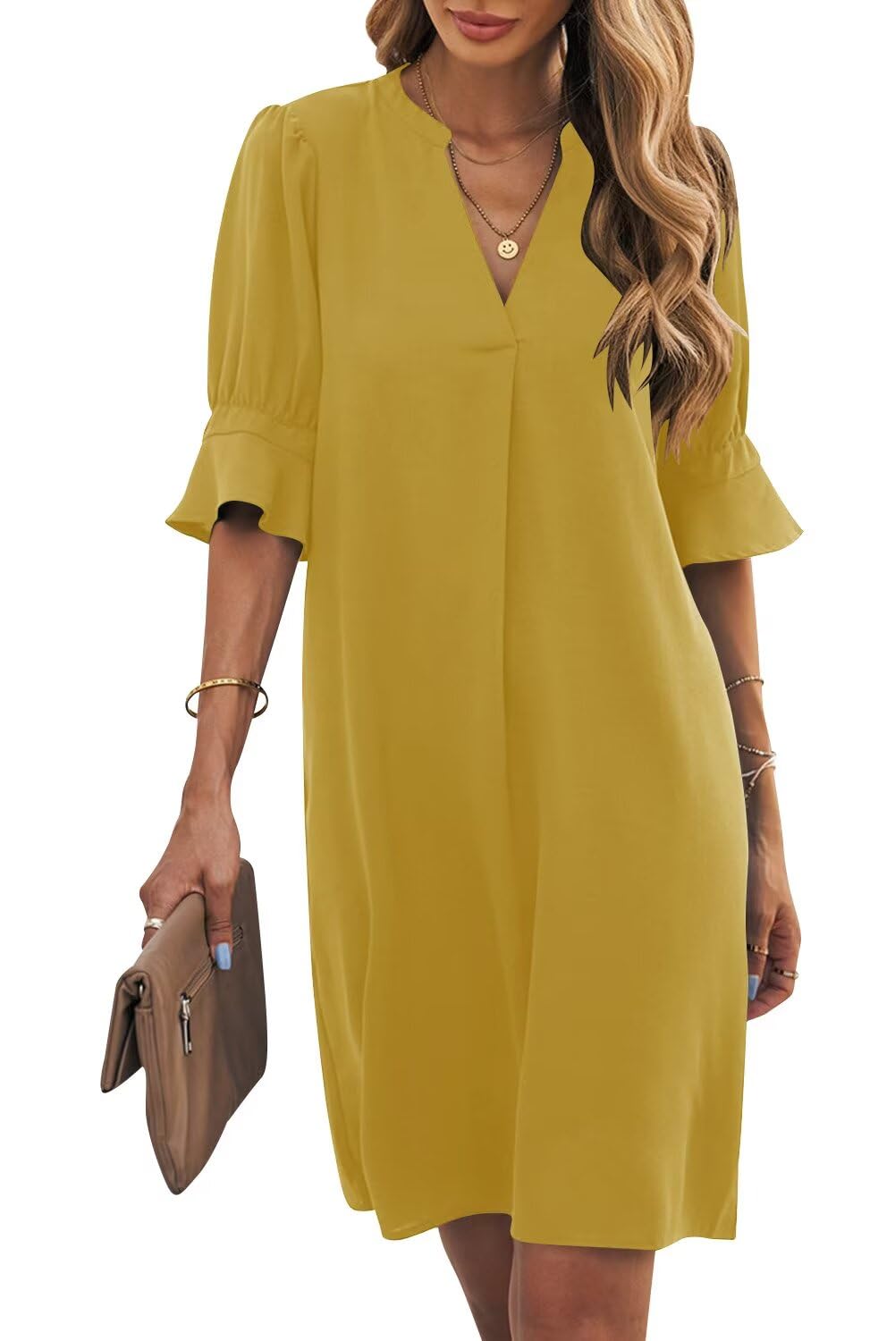 Wkior Womens Summer Ruffle Short Sleeve V Neck Shift Dress
