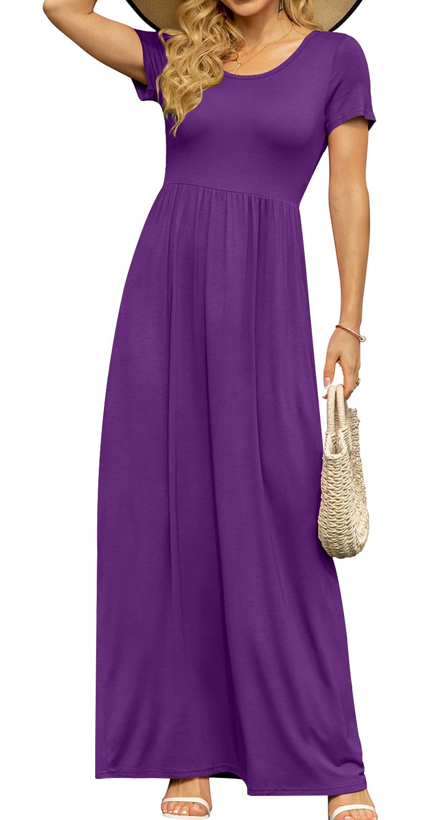 DB MOON Women's Summer Maxi Dress Casual Short Sleeve Empire Waist Pockets