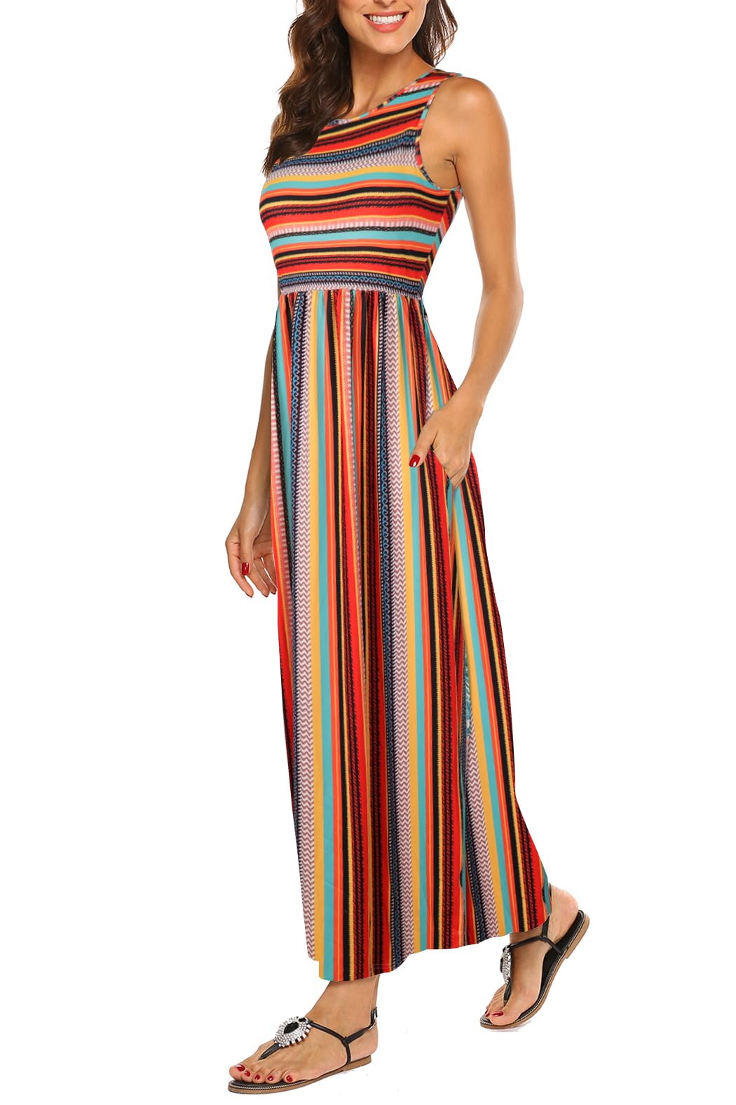 Hount Women's Summer Sleeveless Striped Flowy Casual Long Maxi Dress with Pockets