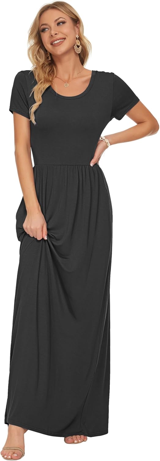 AUSELILY Women's Summer Short Sleeve Loose Plain Casual Long Maxi Dresses