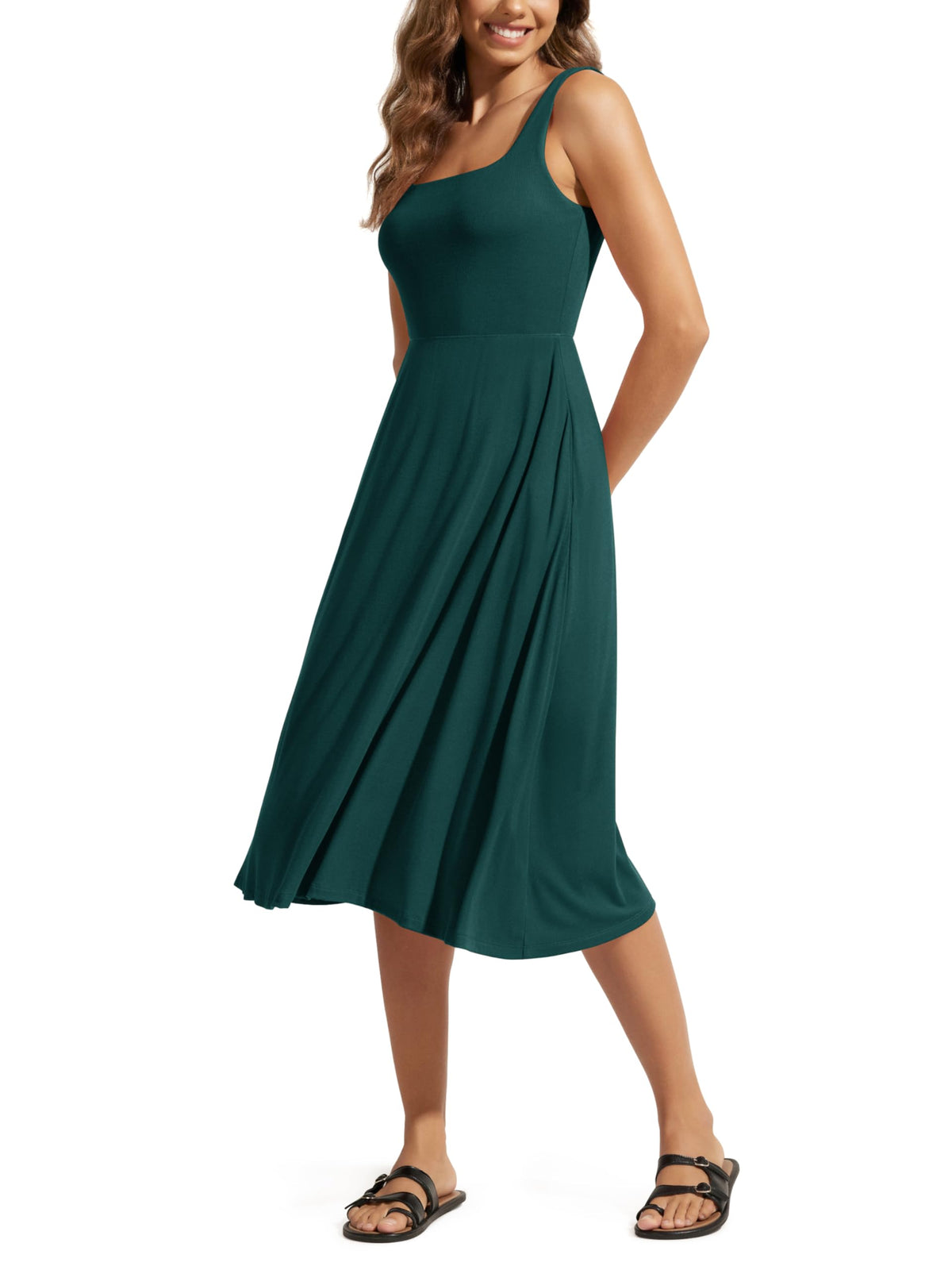 ODODOS Square Neck Midi Dress with Pockets for Women Summer Casual Sleeveless Sundress Flare Tank Dress