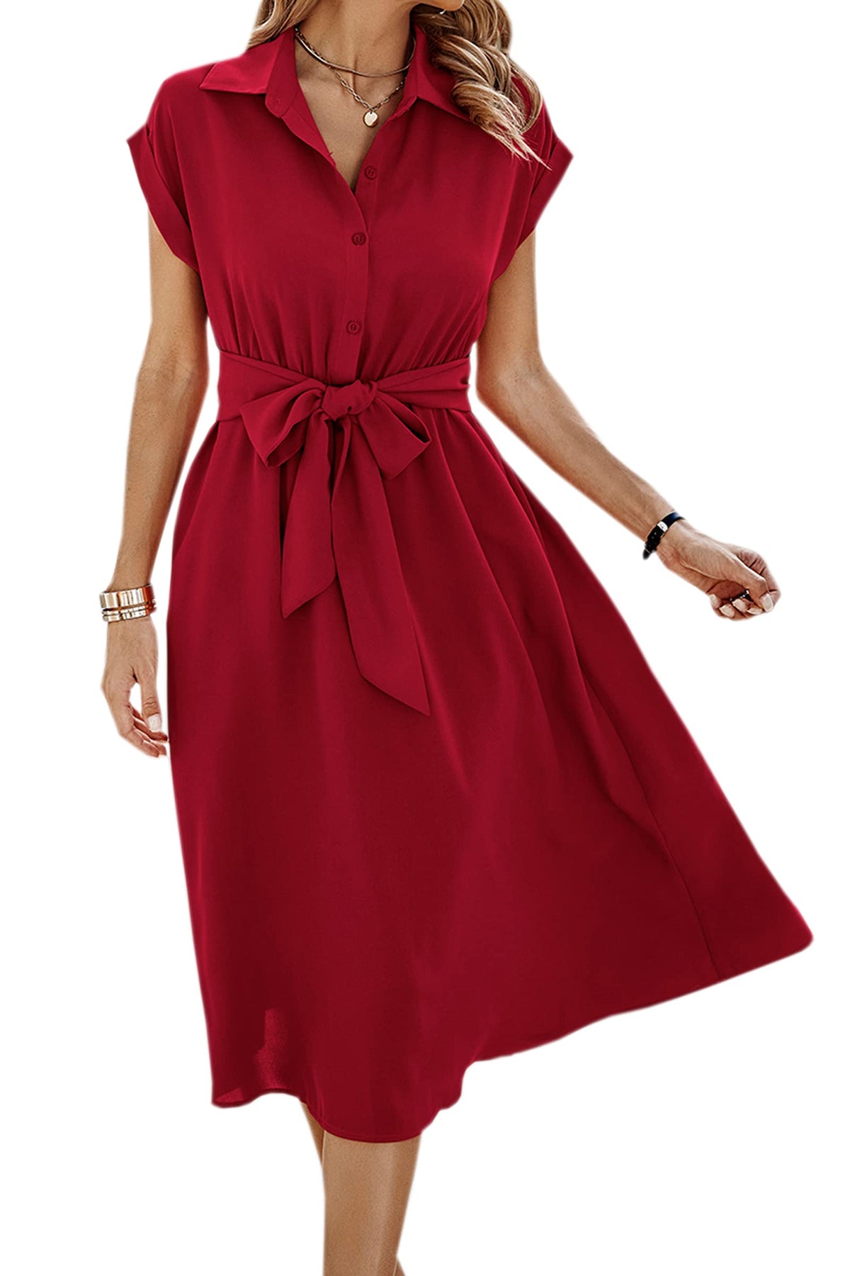 ECOWISH Womens Casual Midi Dresses Solid V Neck Short Sleeve Button Shirt Belted Dress with Pockets for Spring Summer 2026
