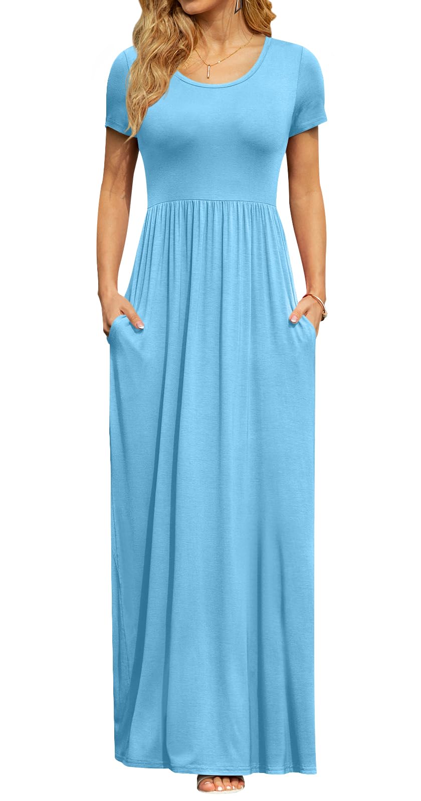 DB MOON Women's Summer Maxi Dress Casual Short Sleeve Empire Waist Pockets