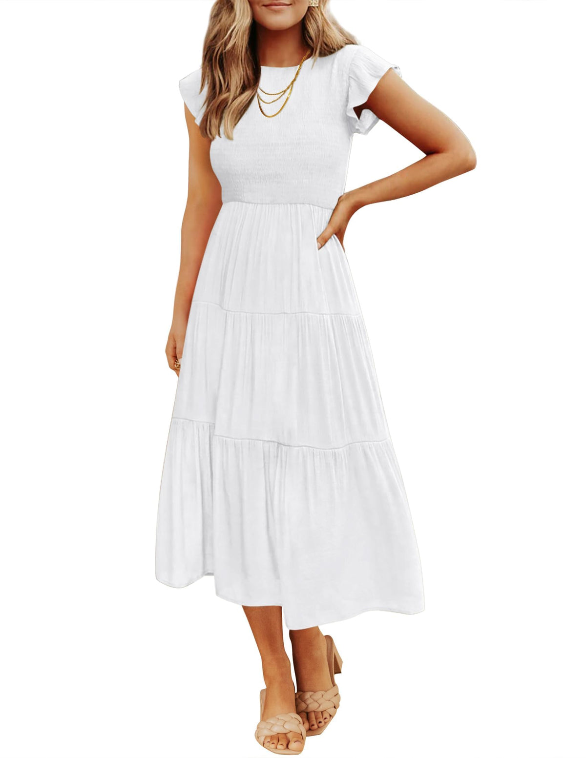 ZESICA Women's 2026 Summer Casual Flutter Short Sleeve Smocked Midi Dress