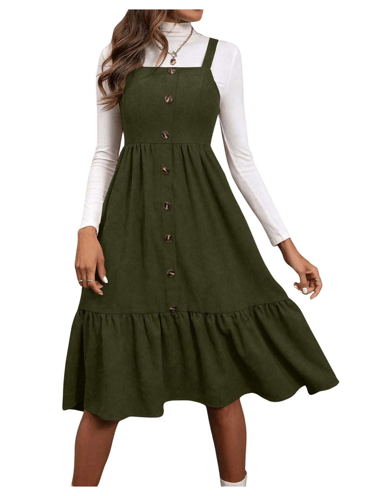 WDIRARA Women's Button Front Sleeveless Ruffle Hem Pinafore Dress Corduroy Jumper Dress