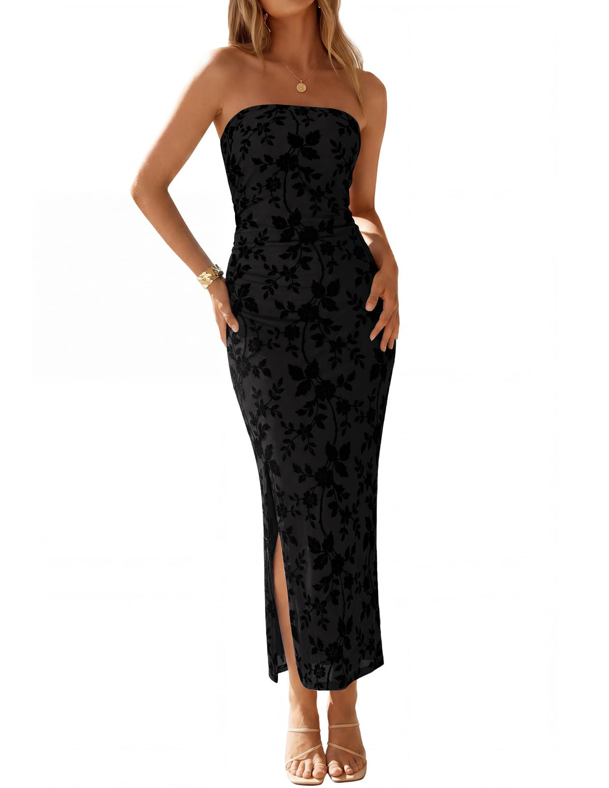 ZESICA Womens Summer Strapless Floral Bodycon Ruched Slit Maxi Formal Dress