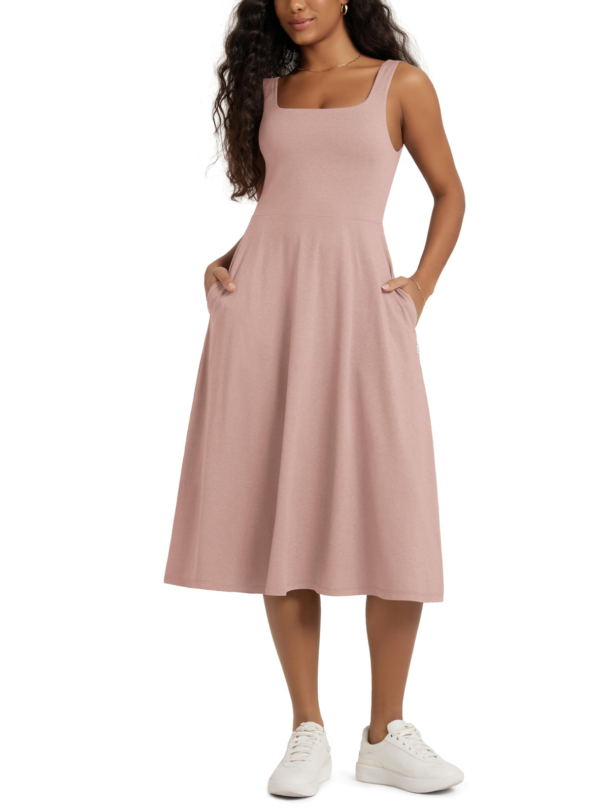 ODODOS Square Neck Midi Dress with Pockets for Women Summer Casual Sleeveless Sundress Flare Tank Dress
