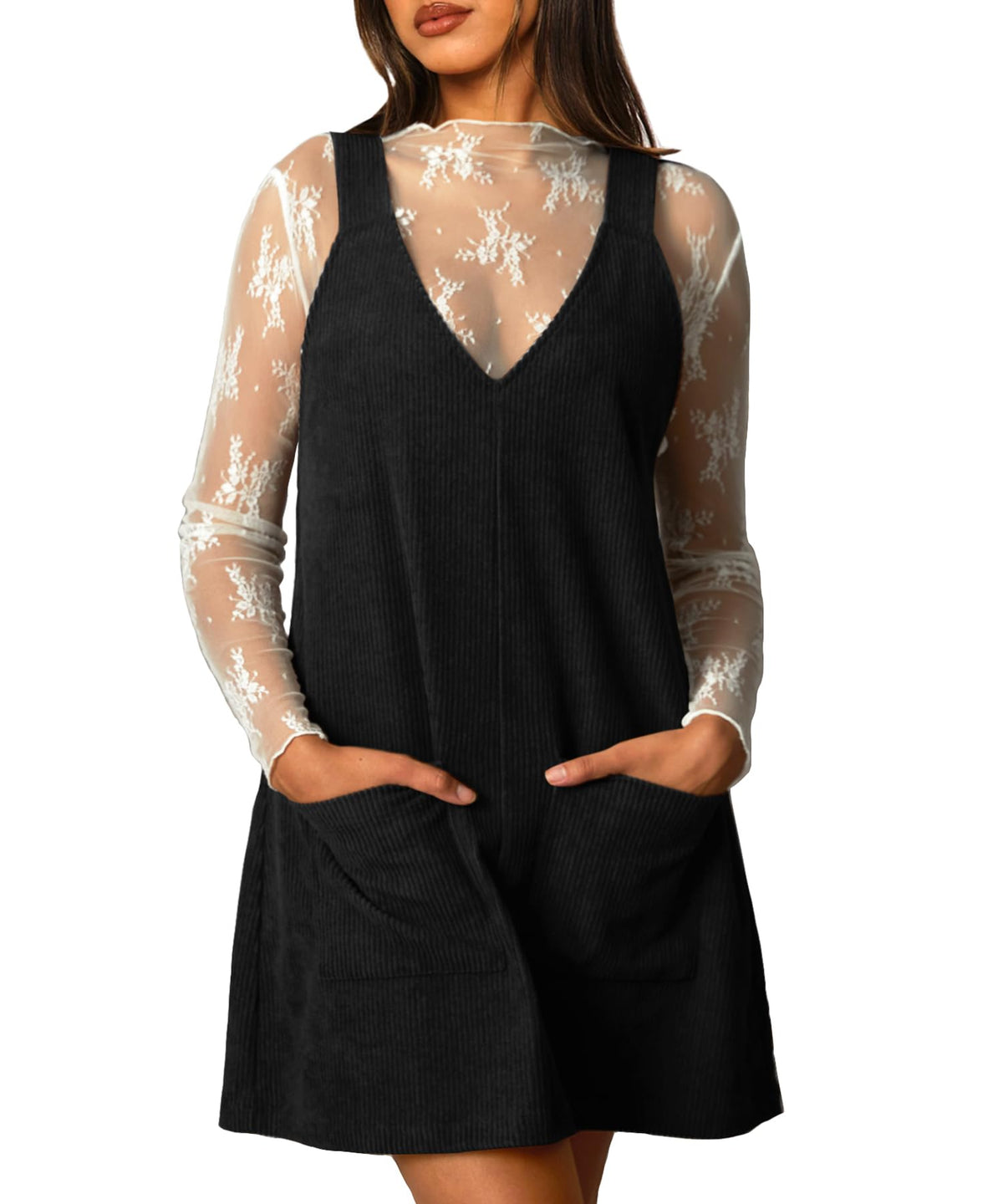 Navneet Women Corduroy Overall Dress V Neck Pinafore Jumper Mini Dress