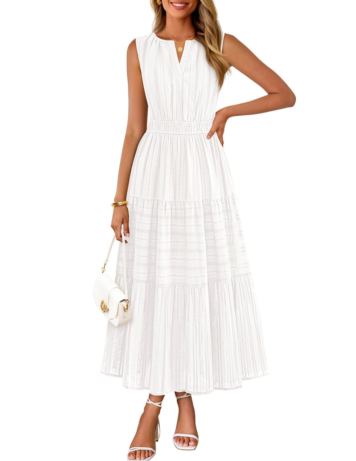 MEROKEETY Summer Casual Sleeveless V Neck Midi Maxi Cotton Dress Women 2026