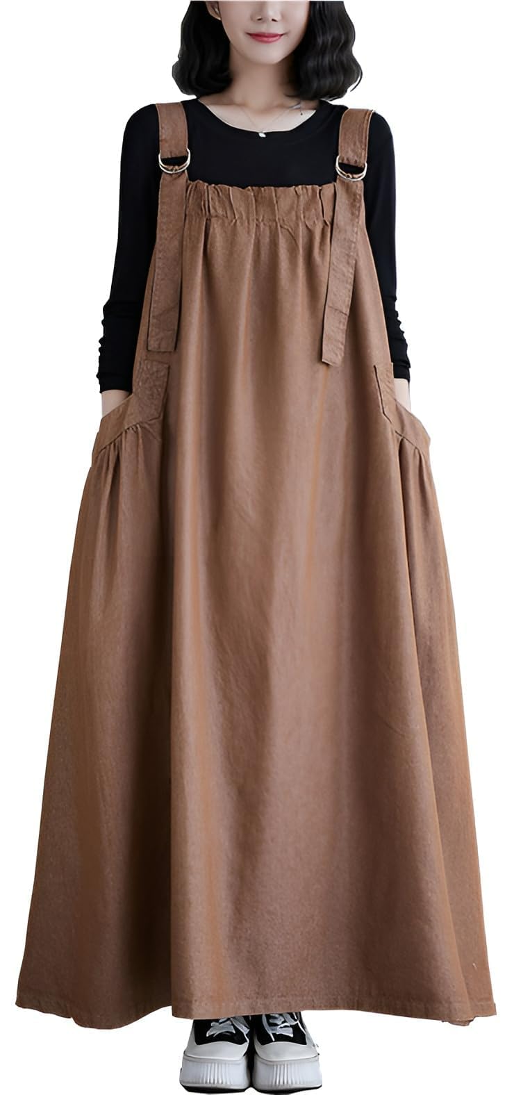 Denim Jumper Dress for Women Loose Version Baggy Style Maxi Length Adjustable Straps Wide Hemline