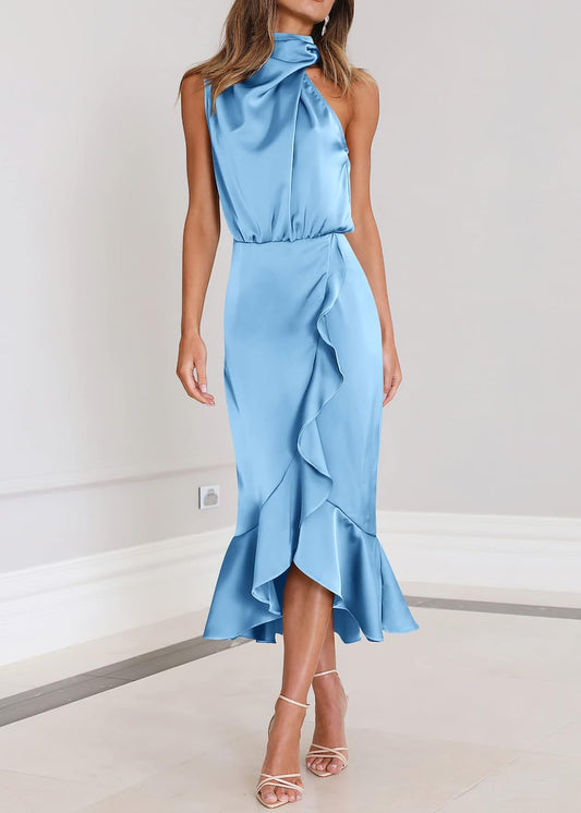 KIRUNDO Women's Summer Satin Mock Neck Wedding Guest Dress