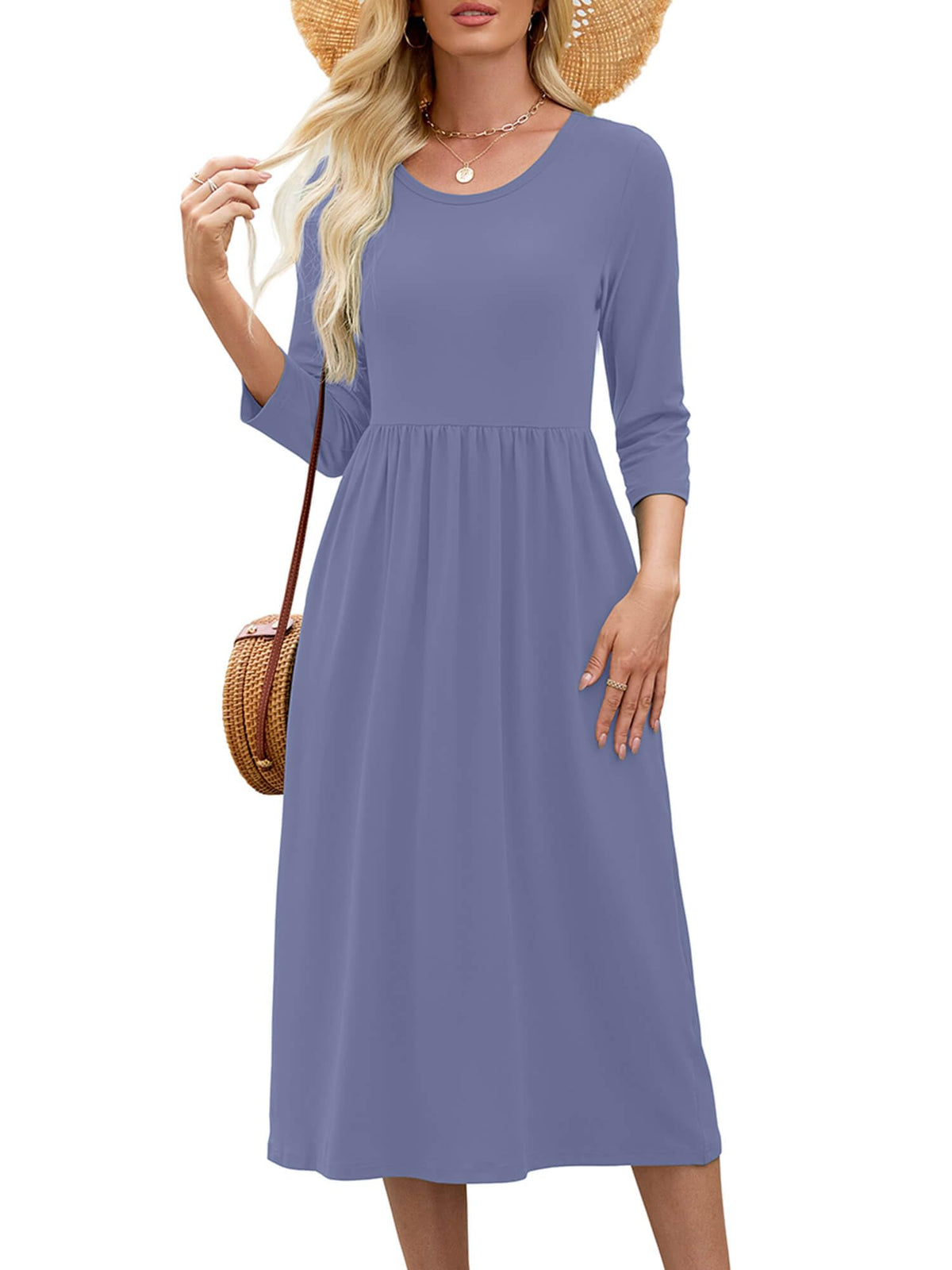 Heymoments Women's Casual 3/4 Sleeve Midi Dress with Pockets