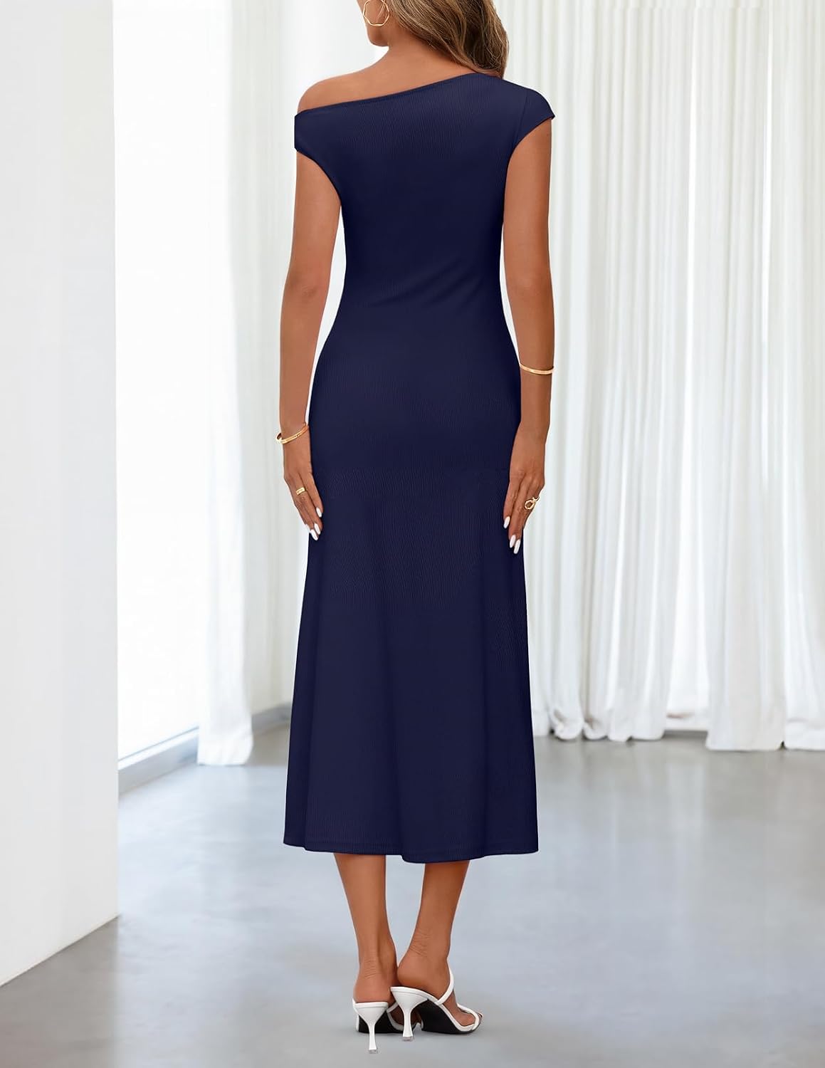 MEROKEETY Women's Wedding Guest One Shoulder Dresses 2026 Summer Formal Elegant Cocktail Party Midi Dress