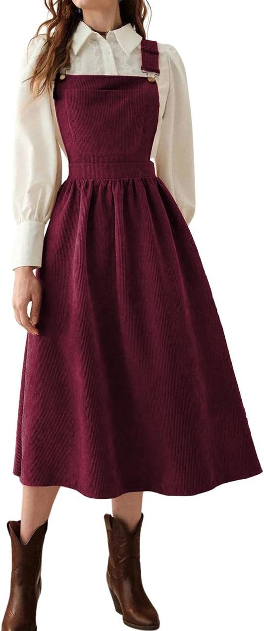 chouyatou Women's Fall Corduroy Overall Dress Adjustable Strap A Line Flare Pinafore Midi Jumper Dress