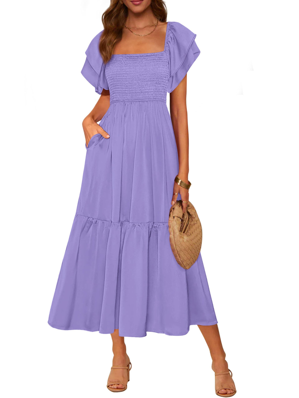MASCOMODA Womens Summer Casual Smocked Flowy Midi Dress