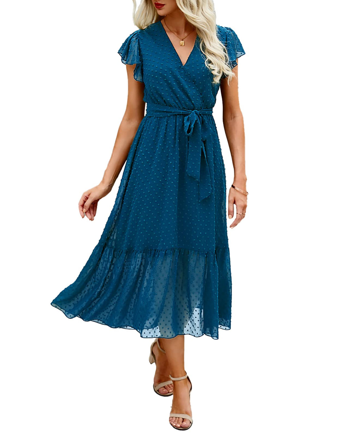 BTFBM Women Summer Casual Wrap V Neck Ruffle Cap Sleeve Belted Midi Dress