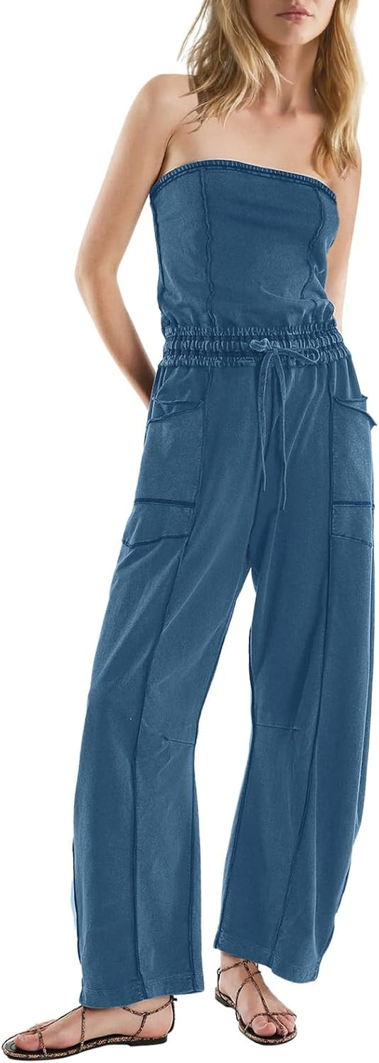 LAMISSCHE Womens Casual Strapless Jumpsuits off the Shoulder Summer Rompers Sleeveless One Piece Outfits with Pockets