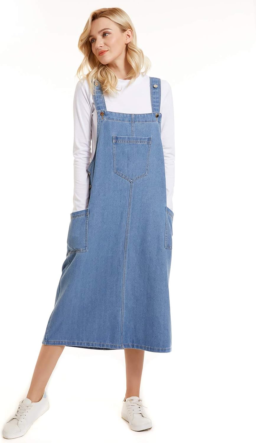 Spanye Women Denim Dress Baggy Overalls Jumpsuit Casual Bib A-Line Dress Rompers With Pockets