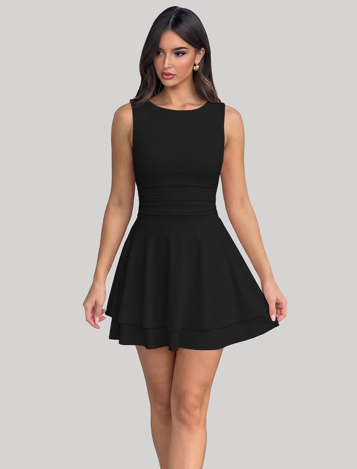 IWD Women's Boat Neck Sleeveless Mini Dress Tiered Ruffle Hem Party Dresses