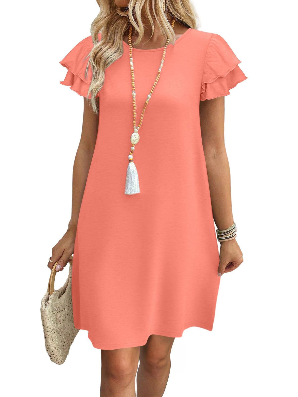 OFEEFAN Womens Summer Dresses 2026 Ruffle Sleeve Round Neck Loose Swing Sundresses with Pockets Plain/Print