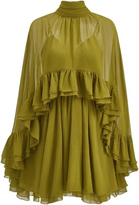 Women’s Semi Sheer Chiffon Ruffle Dress with Outer Cape, Poncho Sleeve Flowy Mini Dress, Loose Fit Elegant Summer Dress