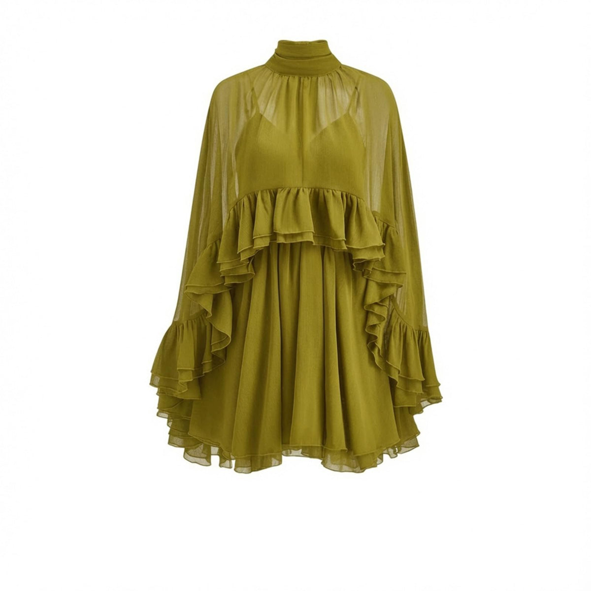 Women’s Semi Sheer Chiffon Ruffle Dress with Outer Cape, Poncho Sleeve Flowy Mini Dress, Loose Fit Elegant Summer Dress