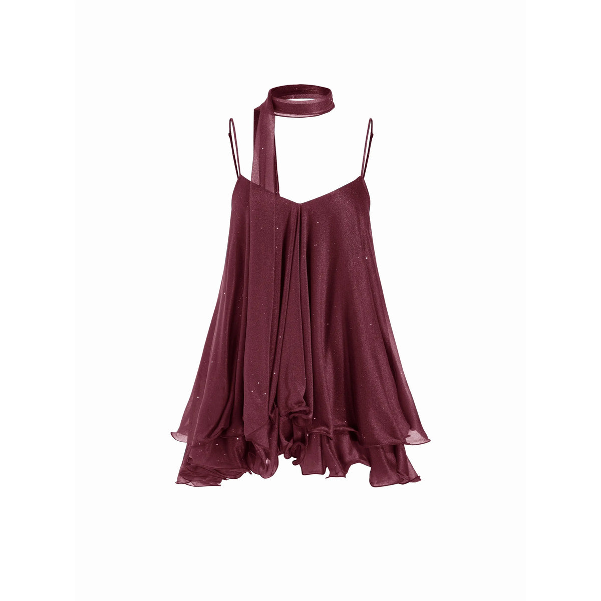 Cider V-Neck Halter Ruffled Hem Tulle Glitter Mini Dress Casual Wear Sexy Glamorous Women's Party Clubbing Festival Gown, Oversized Loose Fit Bounce Sundress with Scarf for Summer SohoChic