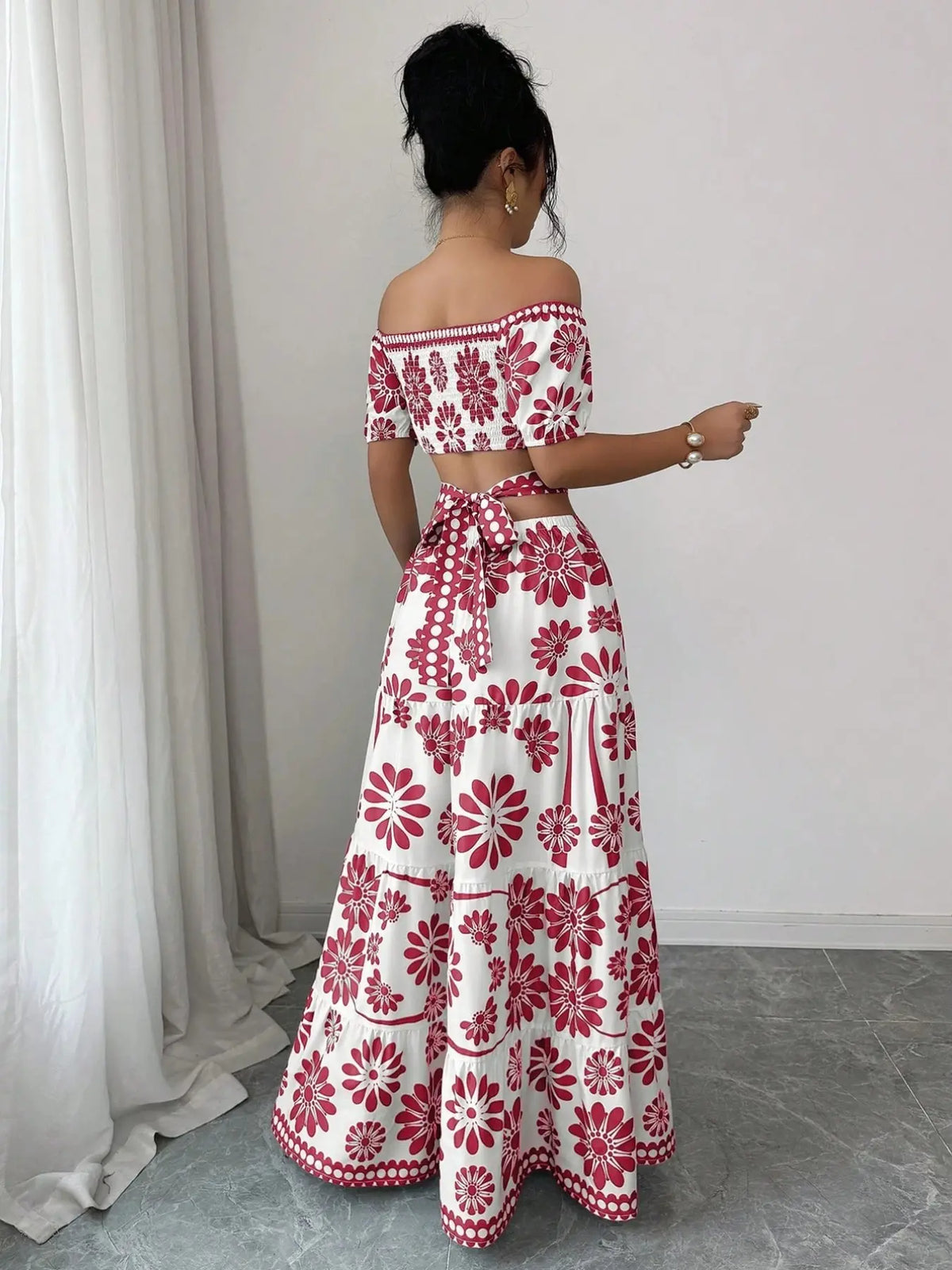 Women's Floral Off-Shoulder Short Sleeve Hollow Out Waist Fashion Chic Bohemian Dress, Tropical Vacation Women's Dress, Long Dress for Summer