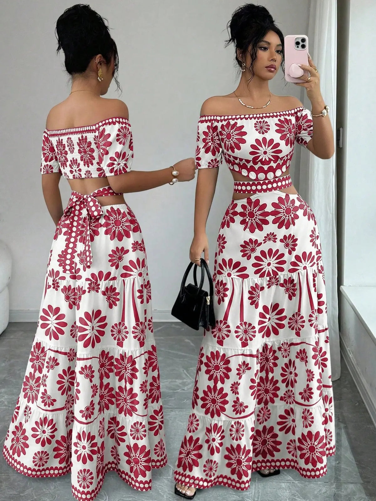 Women's Floral Off-Shoulder Short Sleeve Hollow Out Waist Fashion Chic Bohemian Dress, Tropical Vacation Women's Dress, Long Dress for Summer
