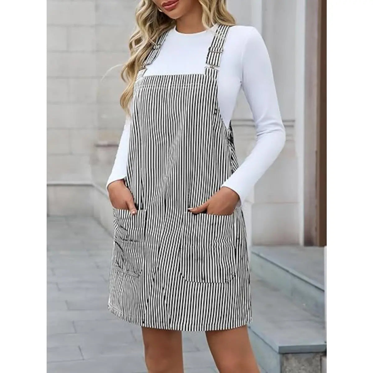 Imily Bela Womens Casual Striped Denim Dress Summer Pinafore Overalls Romper Adjustable Straps Jumper Dress with Pockets