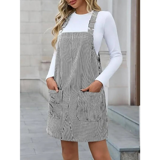 Imily Bela Womens Casual Striped Denim Dress Summer Pinafore Overalls Romper Adjustable Straps Jumper Dress with Pockets