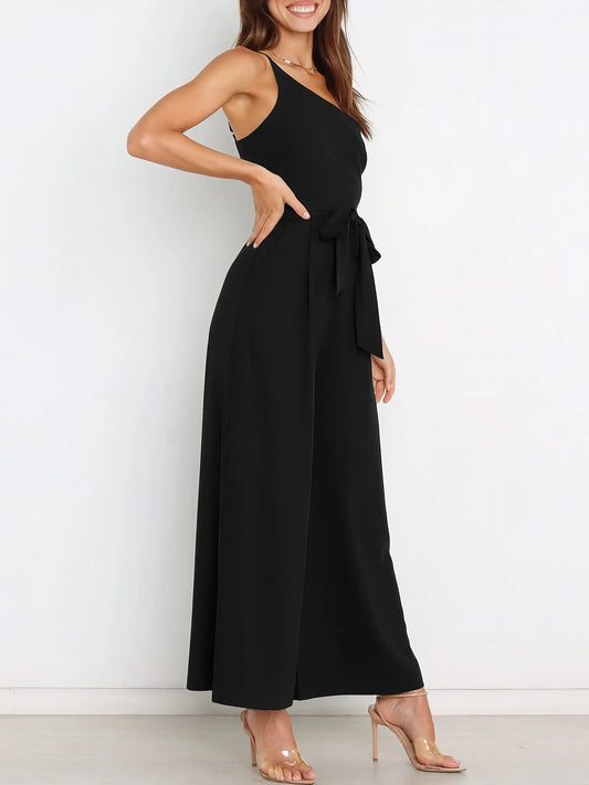ANRABESS Women's Summer Dressy One Shoulder Sleeveless Tie Waist Backless Casual Wide Leg Jumpsuit Rompers Pockets Wedding Elegant  Overalls