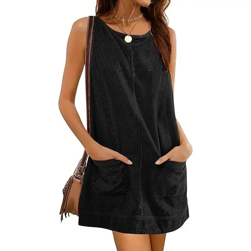 Women's Corduroy Overall Dress Round Neck A Line Skirtall Jumper Mini Dress Pinafore with Pockets